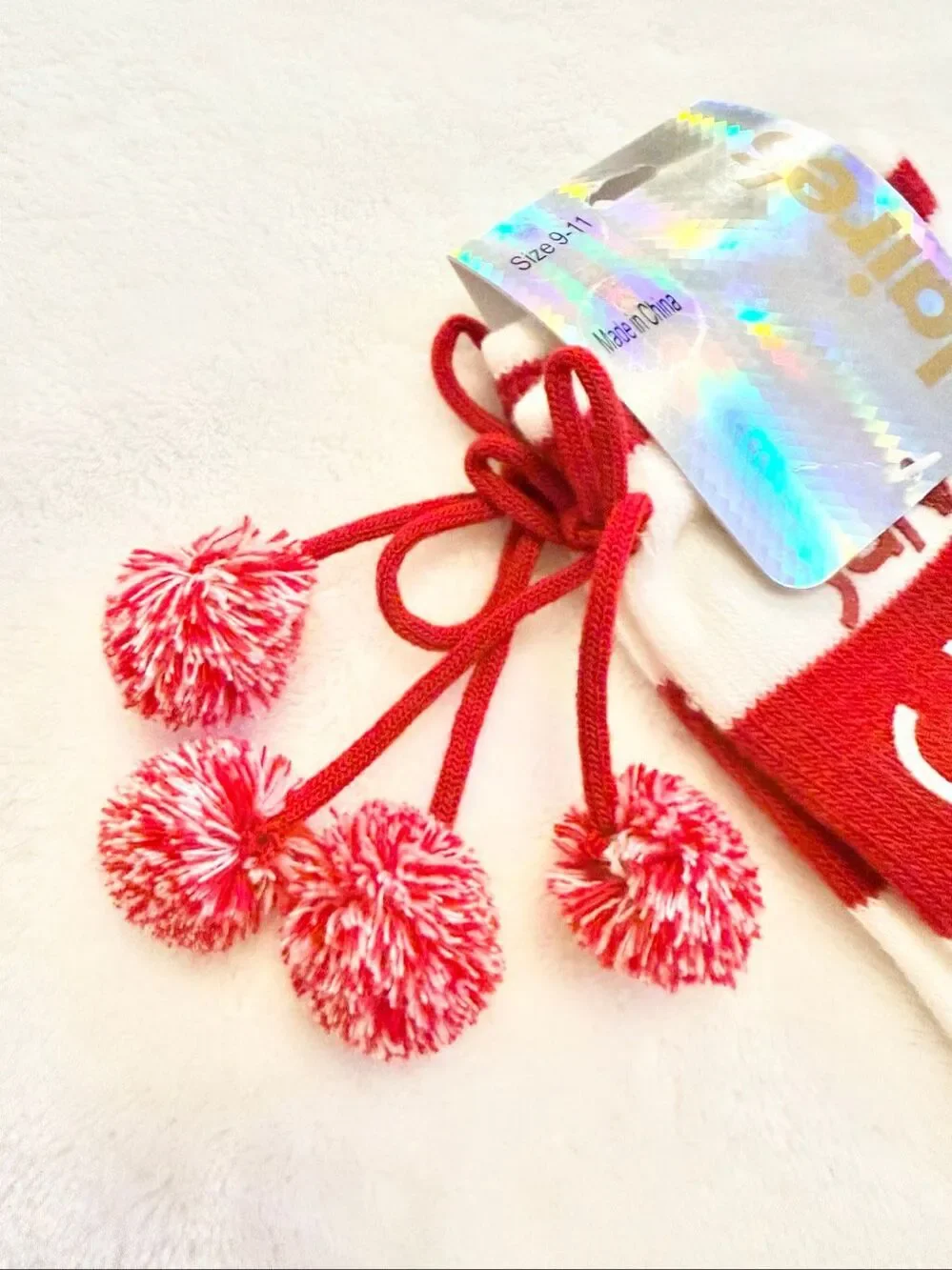 Christmas Reindeer Vixen Toe Socks Red White Striped Pom Pom Holiday Novelty